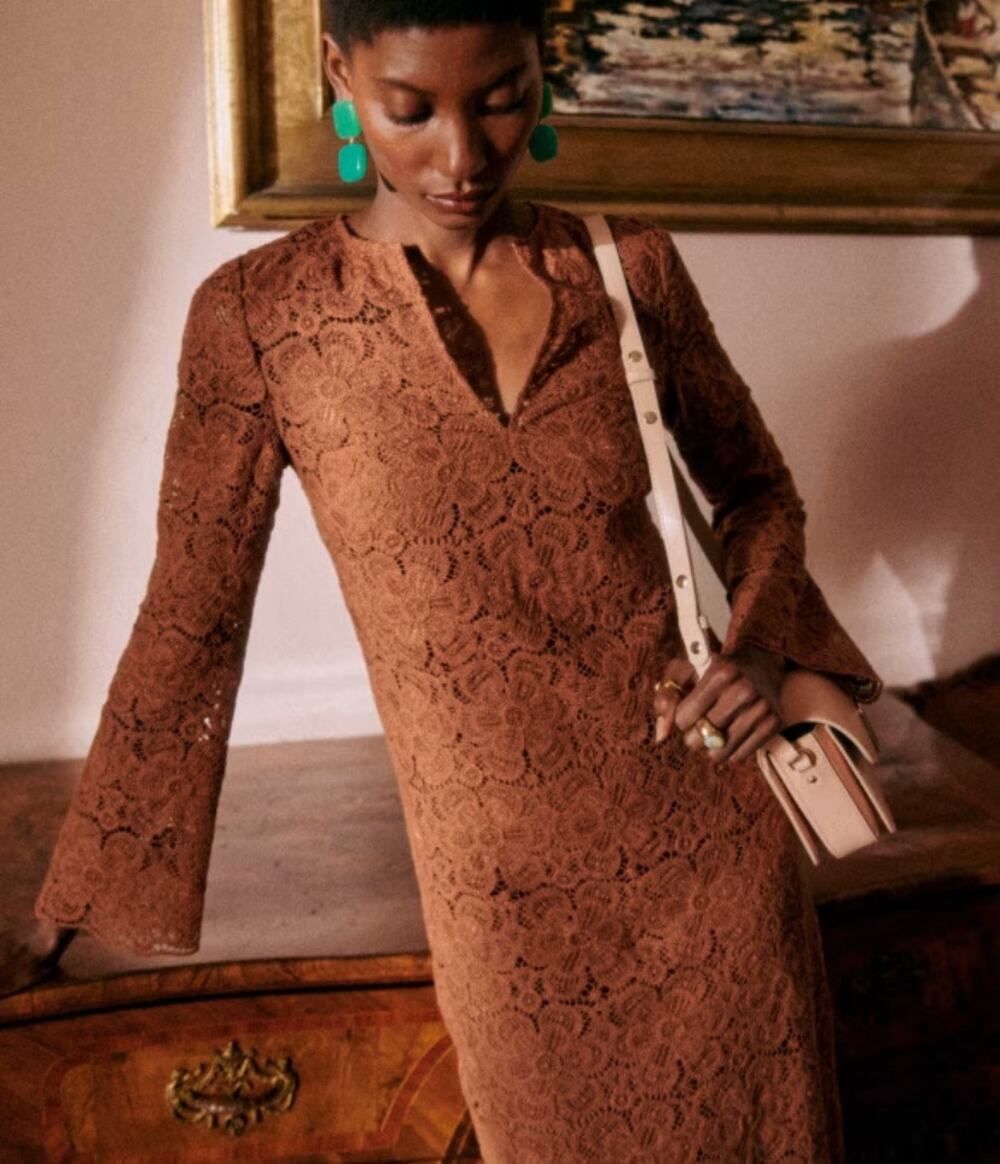 Sezane Fama Organic Cotton Caramel Guipure/Lace Midi Dress Size 4 (36)
